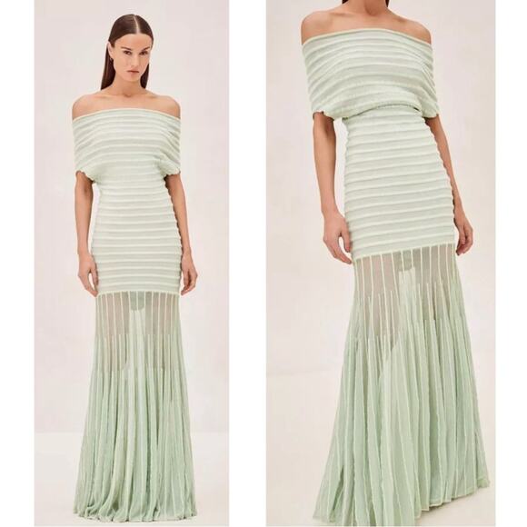 Alexis Marce Off the Shoulder Knit Mint Green Striped Maxi Dress Size Large - Picture 3 of 11